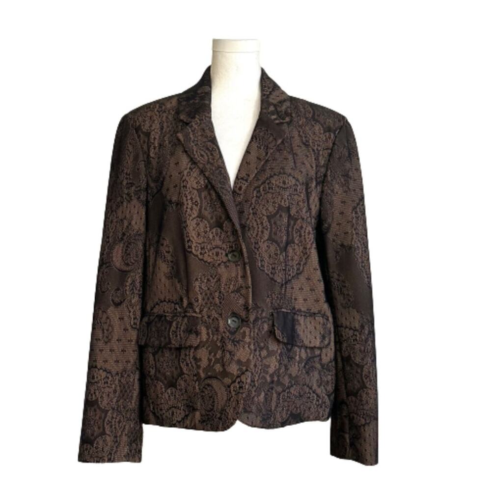 Rafaella Blazer Brown Black Lace Overlay Flap Pockets Career Jacket Size 12